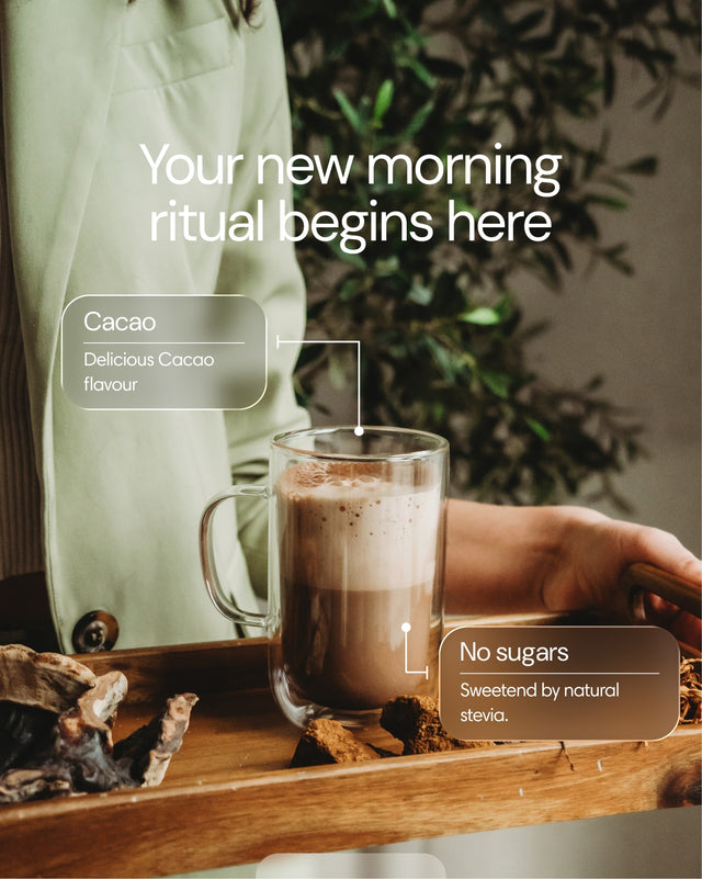 “Warm cup of Clearly Not Coffee on a table with the text ‘Your new morning ritual’, highlighting a cacao-based blend with no added sugars.”
